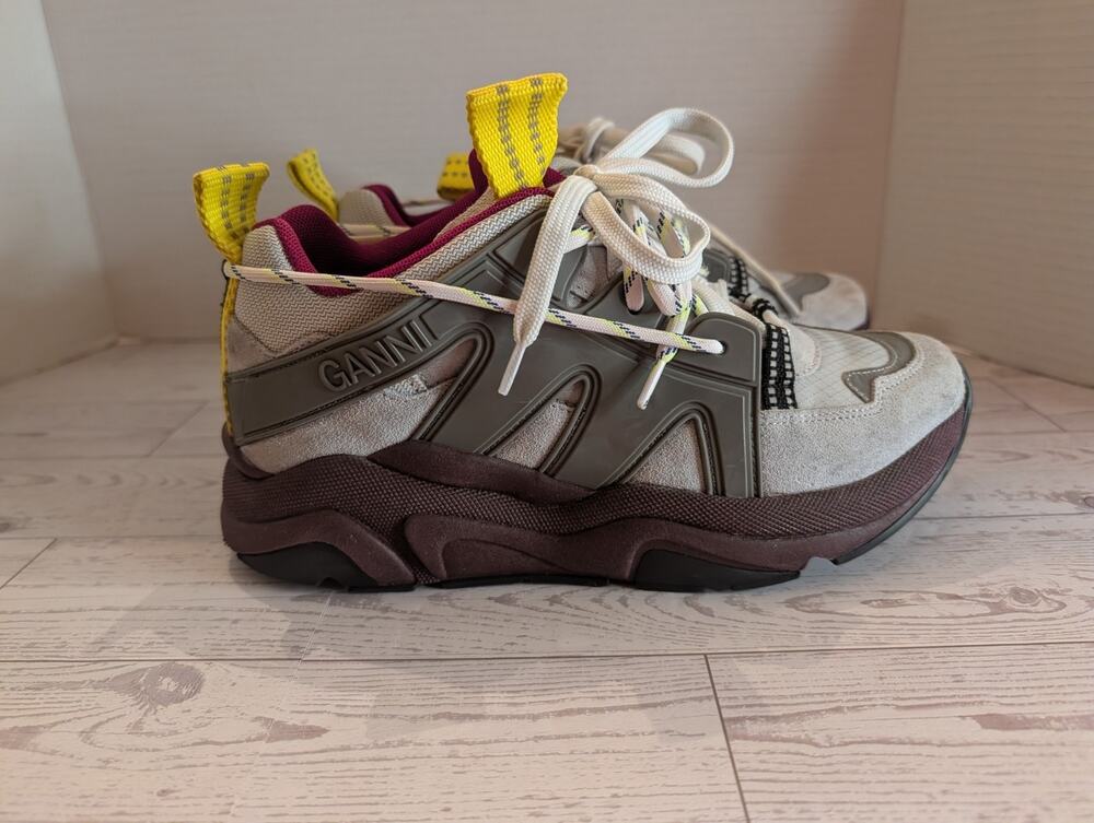 GANNI Shoes Grey Tech Chunky Mixed-Media Sneakers Luxury Womens US 6.5 EU 37